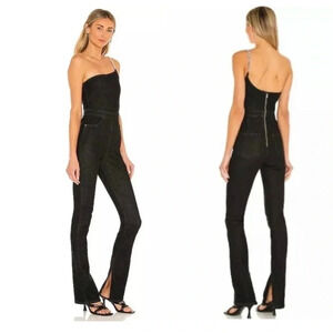 New We Wore What Asymmetrical Chain Strap Overalls Stretch Denim romper jumpsuit